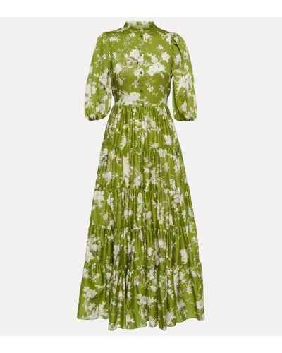 Erdem Dalia Tiered Floral-print Cotton Maxi Shirt Dress - Green