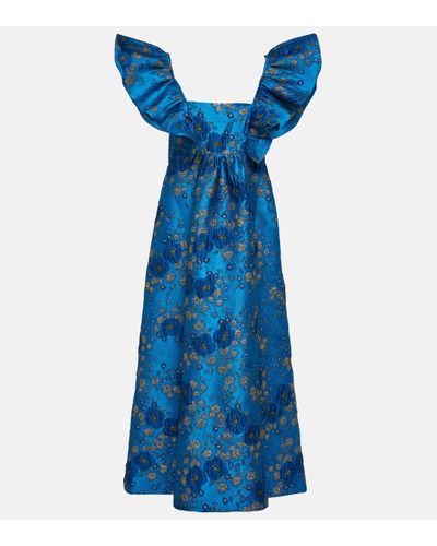 Ganni Robe mi-longue à fleurs en jacquard - Bleu