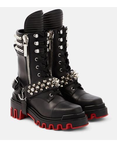 Christian Louboutin Janetta Red Sole Spike Leather Biker Boots - Black