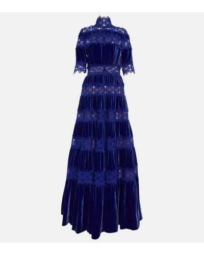 Costarellos Lissie Lace, Silk, And Velvet Gown - Blue