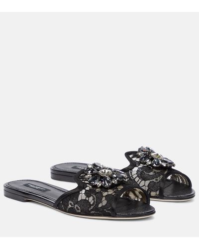 Dolce & Gabbana Slippers In Lace With Crystals - Negro