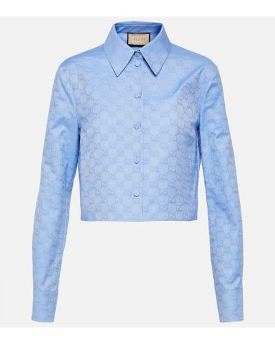 Gucci GG Cropped Cotton Oxford Shirt - Blue