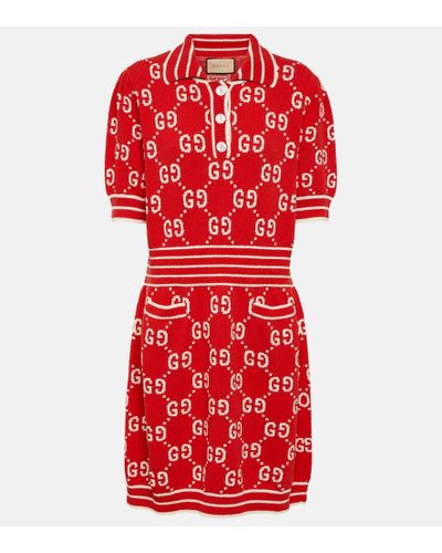 Gucci Monogram-print V-neck Cotton-blend Mini Dres - Red