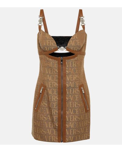 Versace Monogram Mini Dress With Leather Trims - Brown