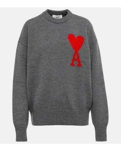 Ami Paris Intarsia-logo Wool Sweater - Gray