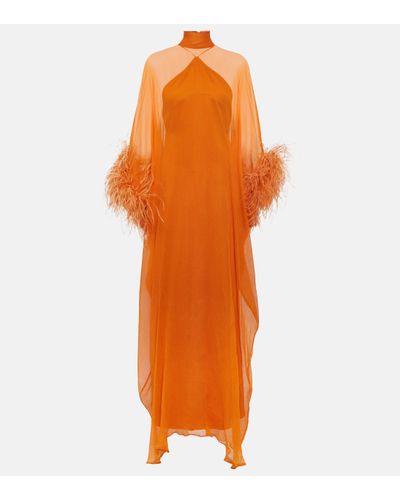 ‎Taller Marmo Penelope Feather-trimmed Silk Kaftan - Orange