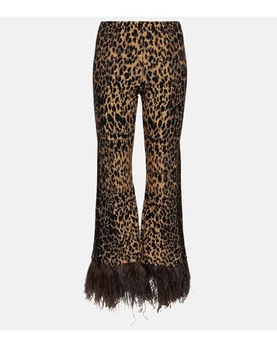 Valentino Feather-trimmed Leopard-print Flared Trousers - Brown
