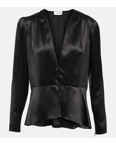 Saint Laurent Peplum Silk Satin Blouse - Black