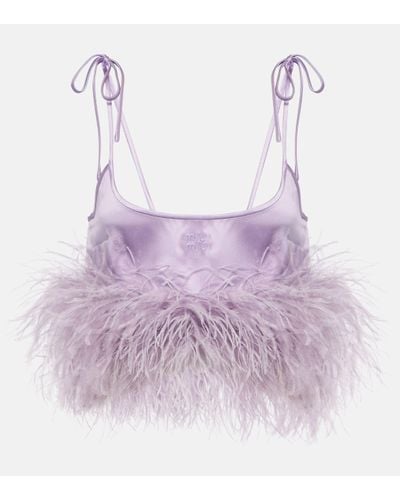 Miu Miu Feather-trimmed Logo Satin Crop Top - Purple