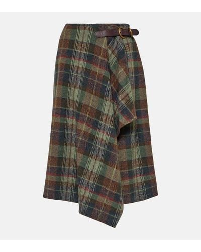 Polo Ralph Lauren Draped Checked Wool-blend Midi Skirt - Gray
