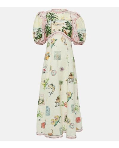 ALÉMAIS Sunset Printed Linen Midi Dress - Green