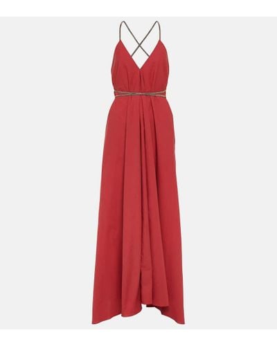 Brunello Cucinelli Belted Cotton Poplin Maxi Dress - Red