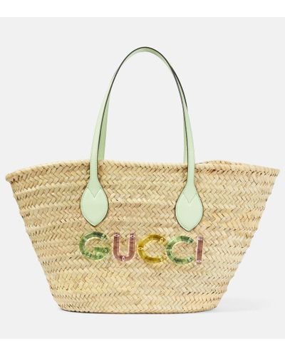 Gucci Small Logo Raffia Basket Bag - Metallic