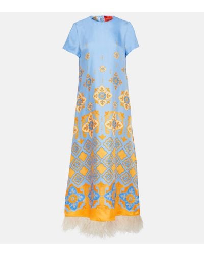 La DoubleJ Printed Feather-trimmed Silk Maxi Dress - Blue