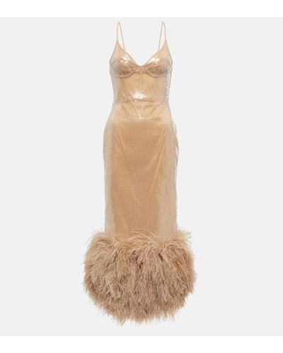 David Koma Sequined Feather-trimmed Midi Dress - Natural