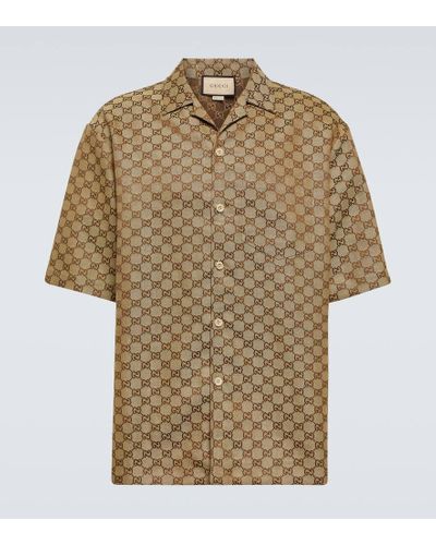 Gucci Hemd aus Jacquard aus einer Leinenmischung mit Logomuster und Reverskragen - Braun