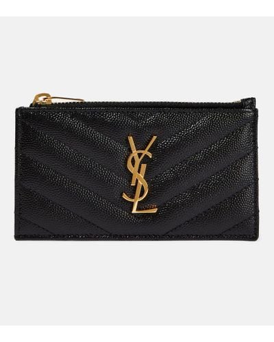 Saint Laurent Ysl Monogram Small Ziptop Card Case In Grained Leather - Black