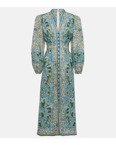 Zimmermann Vestido midi Ottie Plunge de lino con paisley - Verde