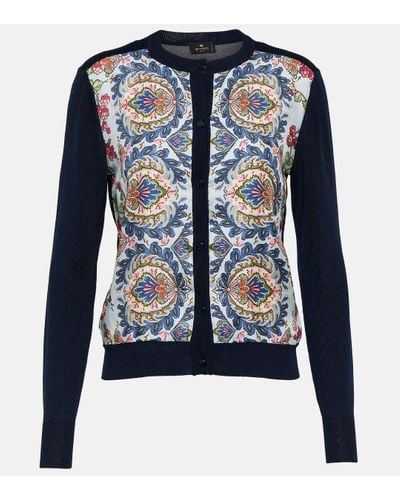 Etro Printed Silk And Cotton-blend Cardigan - Blue