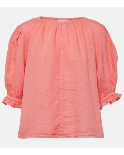 Velvet Puff-sleeve Linen Top - Pink