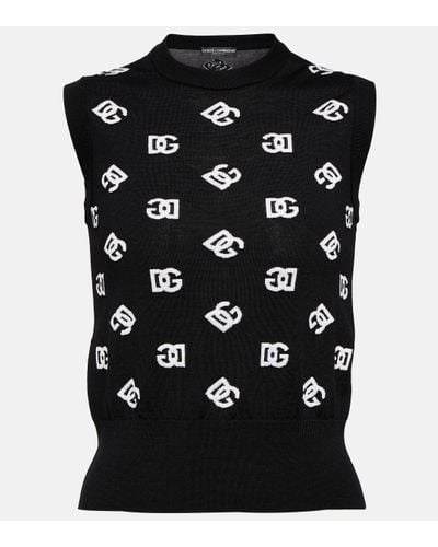 Dolce & Gabbana Wool And Silk Vest With All-over Dg Logo - Black