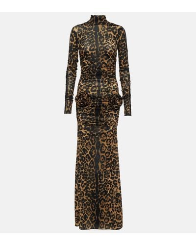 Blumarine Leopard-print Floral-applique Maxi Dress - Natural
