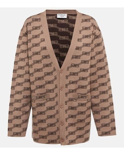 Balenciaga Cardigan en coton et laine melanges a logo - Marron