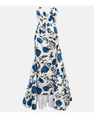 Rasario Draped Floral Satin Gown - Blue