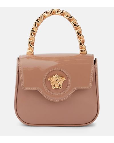 Versace La Medusa Mini Patent Leather Tote Bag - Brown