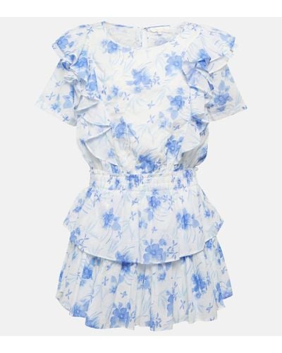 LoveShackFancy Natasha gestuftes minikleid aus baumwolle mit floralem print und eingewebten punkten - Blau
