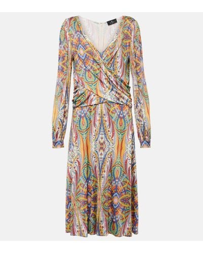 Etro Printed Gathered Jersey Midi Dress - Multicolor
