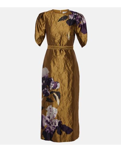 Erdem Astrea Floral-print Crinkled-satin Midi Dress - Metallic
