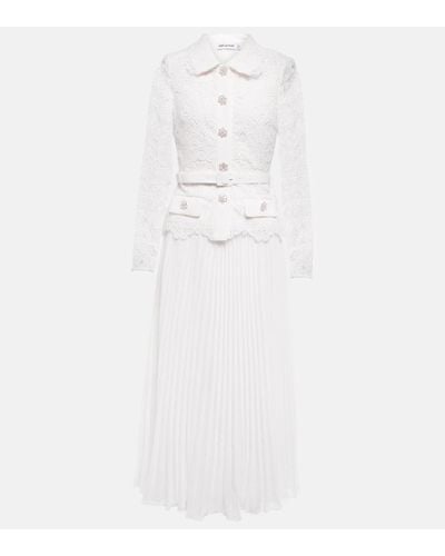 Self-Portrait Belted Waist Crystal Embellished Guipure Lace Midi Dress - White