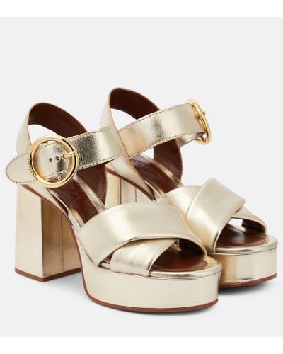See By Chloé Lyna Light Gold Leather Platform Sandals - Gray