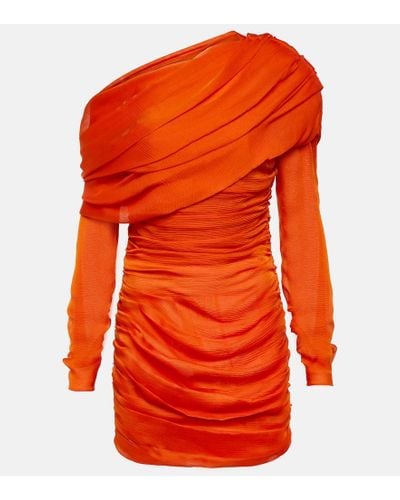 Saint Laurent Vestido asimetrico de seda fruncida - Naranja