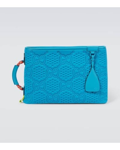 Gucci Large GG Scuba Leather-trimmed Pouch - Blue