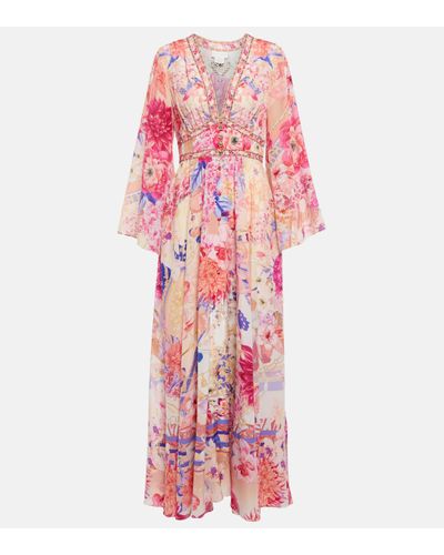Camilla Floral Shirred Silk Maxi Dress - Pink