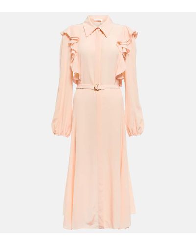 Chloé Vestido camisero de seda con volantes - Rosa