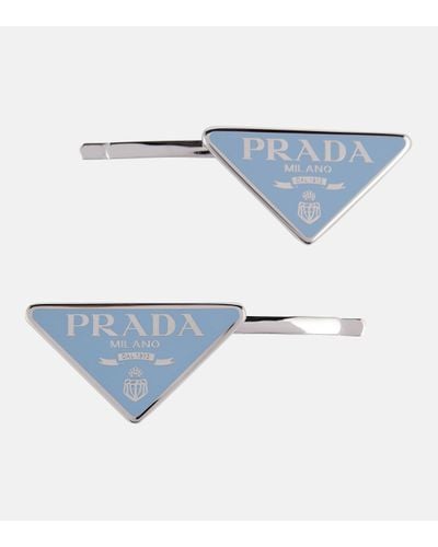 Prada Logo-plaque Silver-toned Metal Hair Clips Set Of Two - Blue