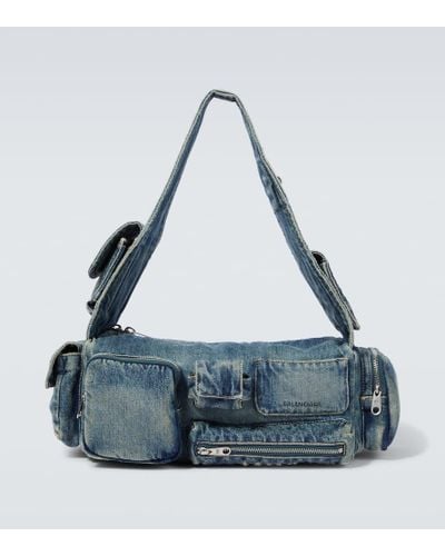 Balenciaga Messenger Bag Superbusy Sling Small aus Denim - Blau