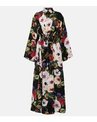 Dolce & Gabbana Floral Silk Satin Shirt Dress - Black