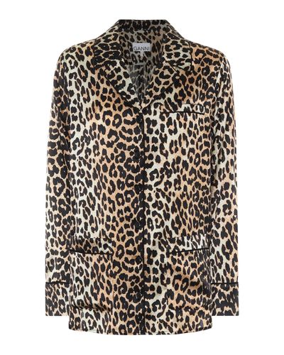 Ganni Leopard-print Stretch Silk-satin Pyjama Shirt - Brown