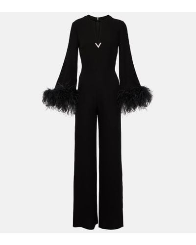 Valentino Feather-trimmed V-neck Silk Jumpsuit - Black
