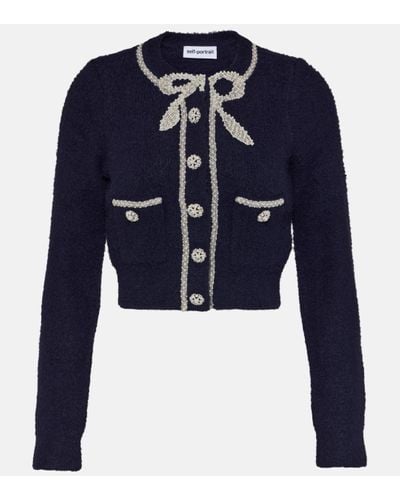 Self-Portrait Faux Pearl-embellished Cropped Cardigan - Blue