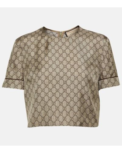 Gucci Crop top de sarga de seda con GG estampado - Neutro