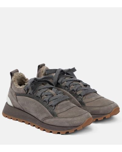 Brunello Cucinelli Shearling-trimmed Suede Sneakers - Gray