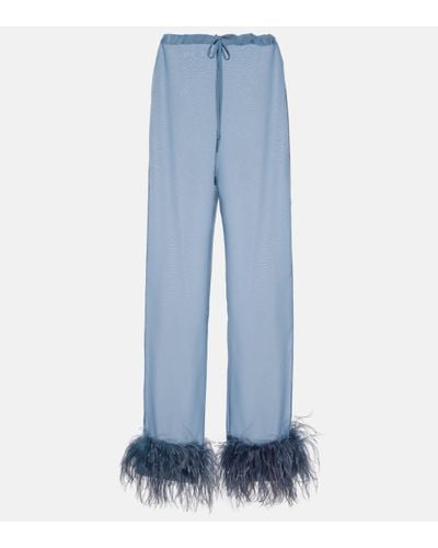 Oséree Plumage Feather-trimmed Wide-leg Trousers - Blue