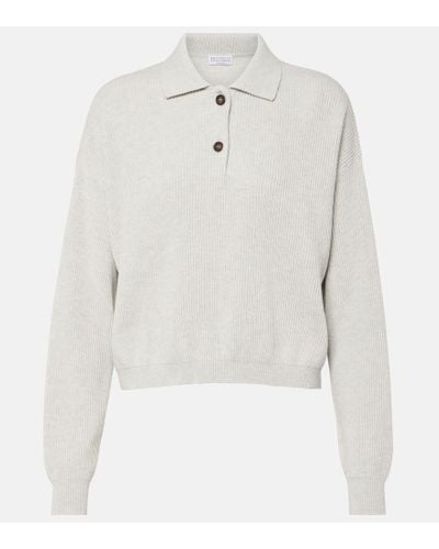 Brunello Cucinelli Ribbed-knit Cotton Polo Sweater - White