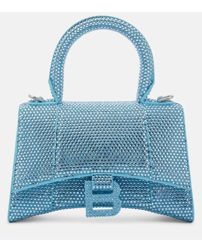 Balenciaga Hourglass Mini Embellished Suede Tote Bag - Blue