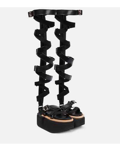 Sacai Lace-up Leather Sandals - Black